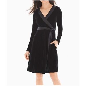 Soma Velvet Faux Wrap Dress Size M Black NEW Satin Trim Long Sleeve Pockets Chic